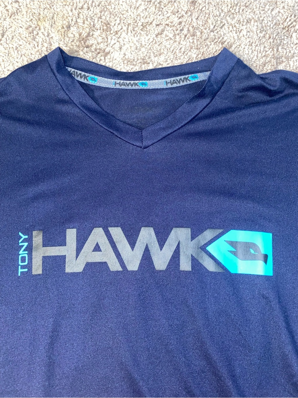 Tony Hawk V Neck Tee Youth Size XL Navy Activewear Shirt Bird Logo Skateboard
